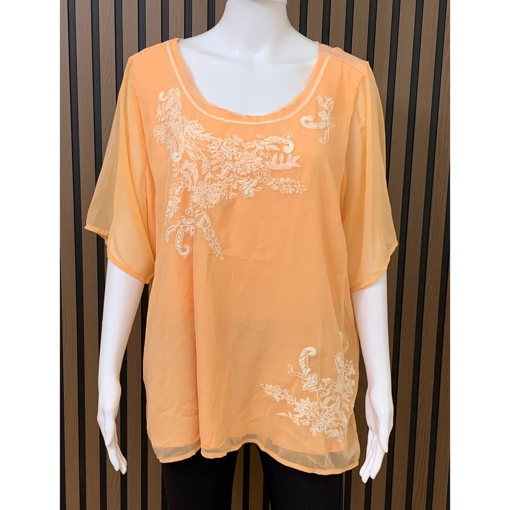 Soft‎ Surroundings Orange Embroidered Tunic Top Sheer Sleeve Plus Size 1X Boho